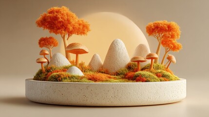 Moss stone podium eco yellow golden shiny magic background. Beauty cosmetics concept. Forest miniature platform showcase. 3d professional photography. Autumn dreamy aesthetic