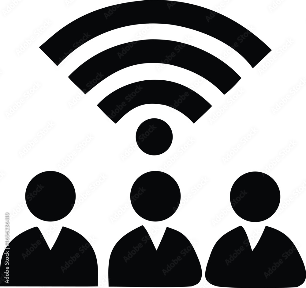 Poster three silhouetted figures connected by a black wi fi signal icon symbolizing wireless communication 
