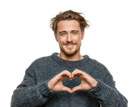 Heartfelt gesture smiling man portrait positive vibes isolated on transparent background - Powered by Adobe