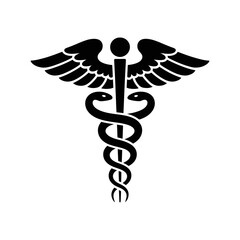 Medical symbol representing healthcare with snakes and wings in black and white illustration