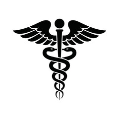Medical symbol representing healthcare with snakes and wings in black and white illustration