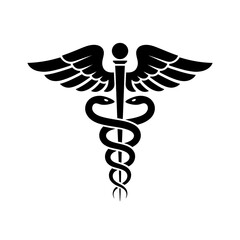 Medical symbol representing healthcare with snakes and wings in black and white illustration