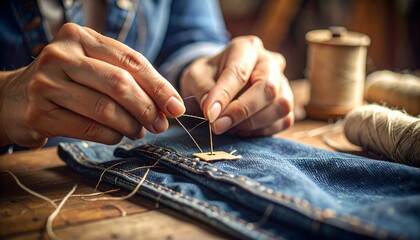 Close-up of hands meticulously sewing a patch onto blue denim jeans, repairing the fabric with needle and thread.