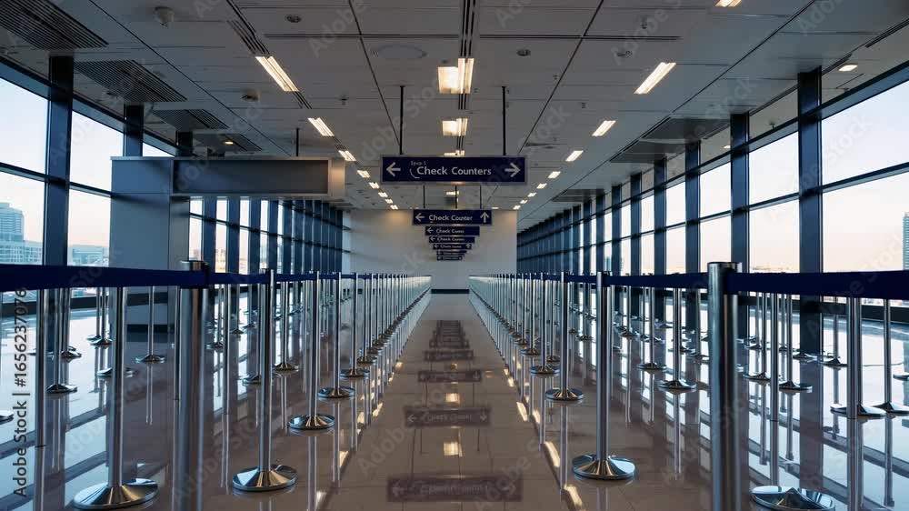 Poster empty airport check in area with neatly arranged queue lines and overhead signs indicating direction