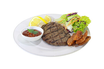 Juicy Grilled Beef Steak with Salad and Fried Tempeh