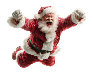 Naklejka premium Joyful santa claus flying through the air winter wonderland action isolated on transparent background