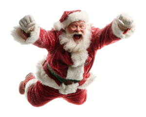 Joyful santa claus flying through the air winter wonderland action isolated on transparent background