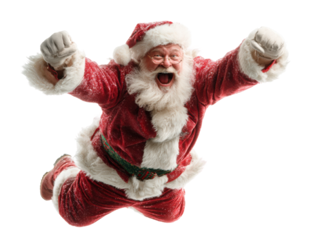 Joyful santa claus flying through the air winter wonderland action isolated on transparent background