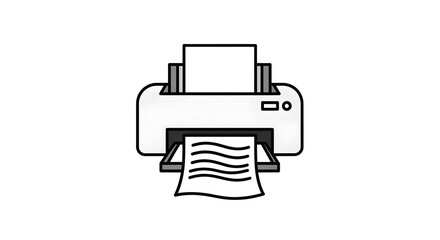 Minimalist printer icon illustration for office and technology concepts. Simple line art of a document printing machine on a white background
