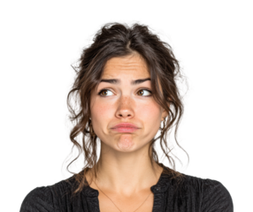 Uncertain expressions from a young woman portrait isolated on transparent background