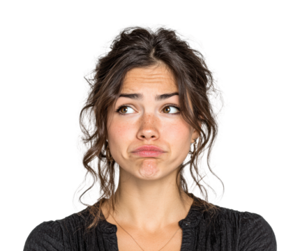 Uncertain expressions from a young woman portrait isolated on transparent background