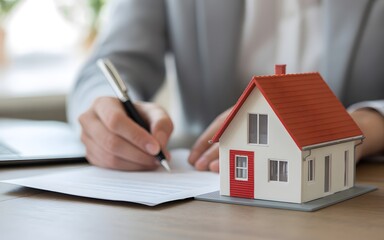 Person signing document next to miniature house model Keywords: real estate, property, house