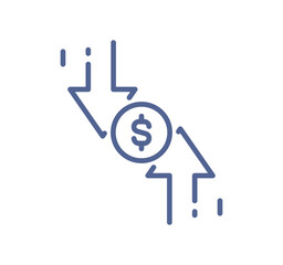 Dollar symbol with circular arrows, money transaction icon, payment exchange, currency transfer, cash flow, financial operation isolated on white background flat vector illustration.