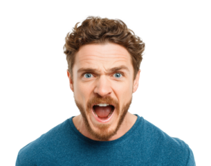 Expressing anger a man shouting in intense emotion isolated on transparent background