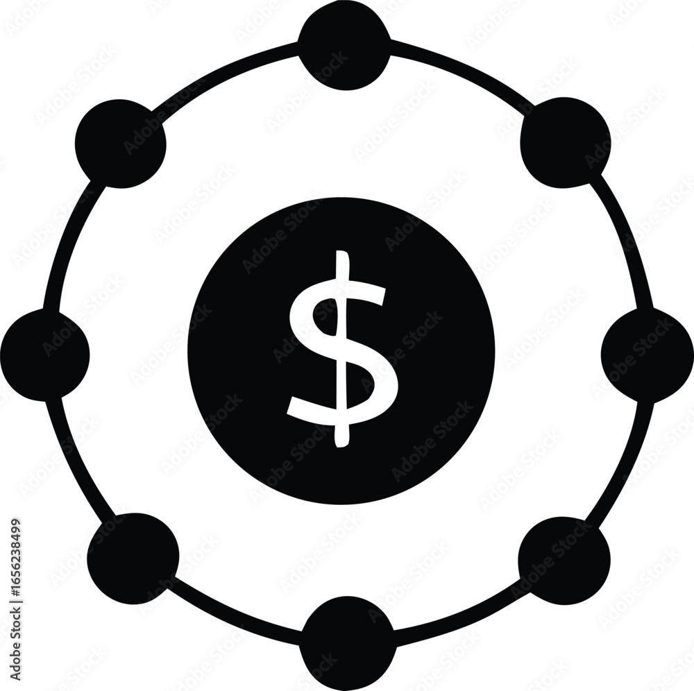 Poster abstract representation of a financial network or system with a central dollar symbol surrounded by 