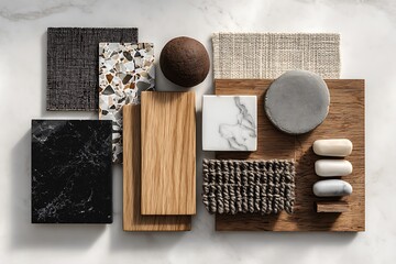 Luxury interior design mood board showcasing textures of wood, marble, stone, and fabric, perfect for architectural concepts and home decor inspiration