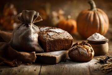 Brown bread, flour, pumpkin, rustic wooden table, warm lighting.