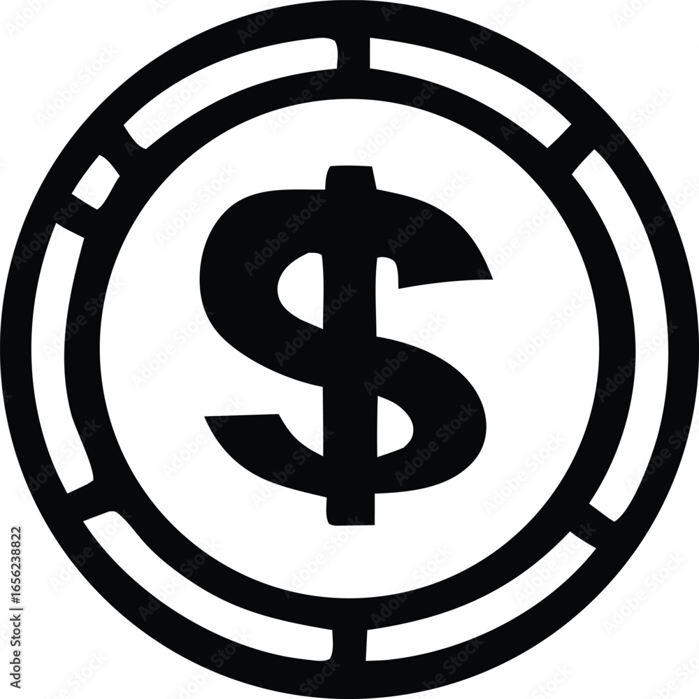 Poster bold black dollar sign icon encased within a circular border with notched edges representing financi