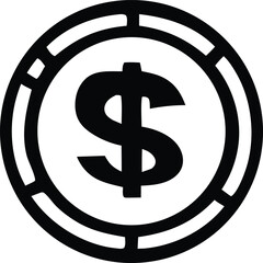Bold black dollar sign icon encased within a circular border with notched edges representing financial value and wealth