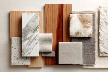 Luxury interior design mood board showcasing natural stone, wood textures, and fabric swatches for stylish inspiration