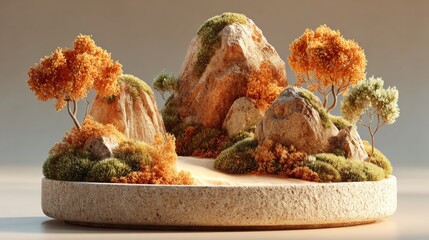 Moss stone podium eco yellow golden shiny magic background. Beauty cosmetics concept. Forest miniature platform showcase. 3d professional photography. Autumn dreamy aesthetic