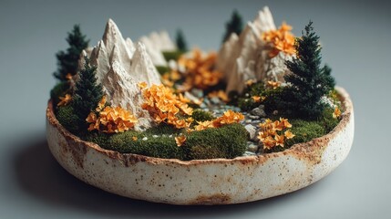 Moss stone podium eco yellow golden shiny magic background. Beauty cosmetics concept. Forest miniature platform showcase. 3d professional photography. Autumn dreamy aesthetic