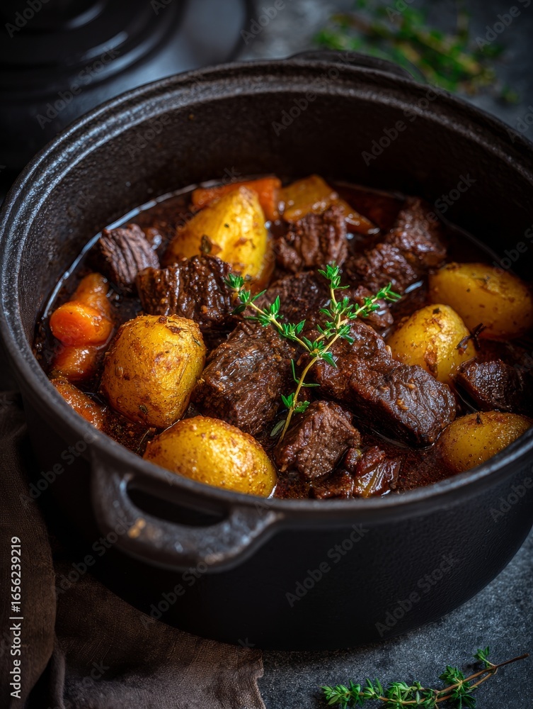 Aufkleber on the counter sits a large pot of stew that is packed with meat and vegetables and appears to be bo