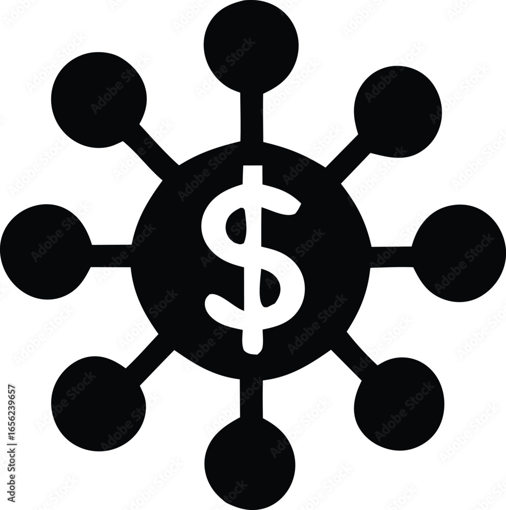 Poster abstract representation of a central dollar symbol connected to multiple outer nodes symbolizing fin