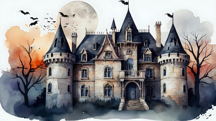 Obraz premium castle in the night, spooky halloween castle illustration watercolor style halloween castle in the night, castle in the night