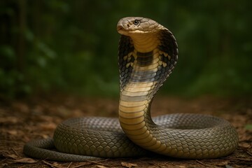 Fototapeta premium Majestic serpent poised in a serene forest setting, its scales glistening in the dappled light, emanating an aura of primal power and grace.