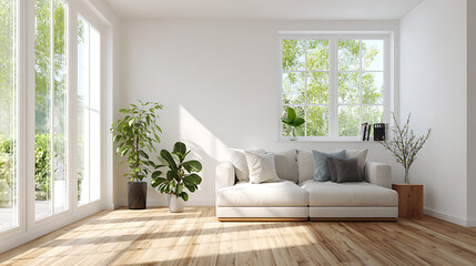 Fototapeta premium Modern living room interior design white sofa plants wood floor window light bright home decor ideas