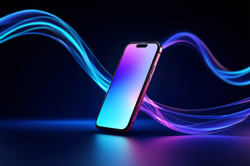Sleek smartphone with vibrant neon light waves technology