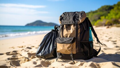 A large hiking backpack and a black bag resting on a sunny sandy beach with the ocean and distant land in the background.