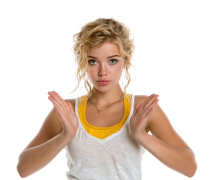 Dynamic gesture of young woman portrait isolated on transparent background