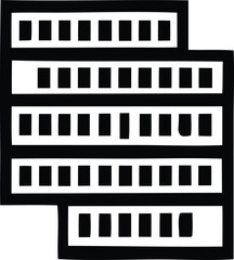 Abstract geometric representation of a multi story building with repeating window patterns and a stark black and white color scheme