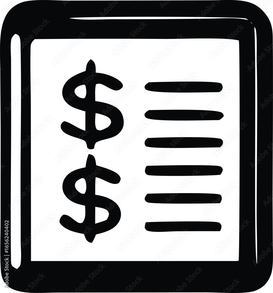Poster hand drawn illustration of a digital tablet displaying a financial list with two prominent dollar si