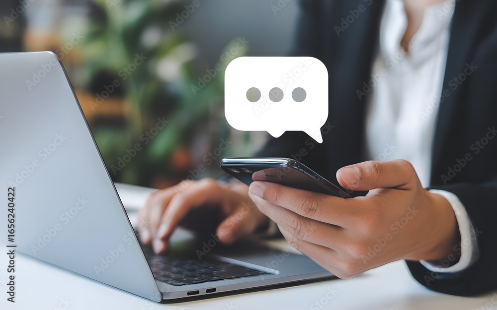 Poster person using smartphone with chat bubble icon communication messaging