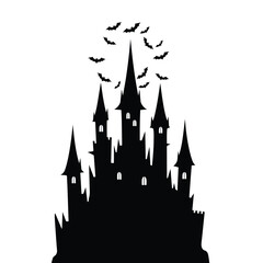 Fototapeta premium Black vector silhouette of a medieval European city skyline with a castle, church, a haunting castle silhouette with bats flying above, dark gothic fantasy, moody atmospheric, digital art
