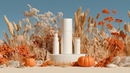 Moss stone podium eco yellow golden shiny magic background. Beauty cosmetics concept. Forest miniature platform showcase. 3d professional photography. Autumn dreamy aesthetic