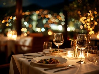 Beautiful table setting with burning candles and floral decor pleasant meal in a restaurant candlelight Dinner