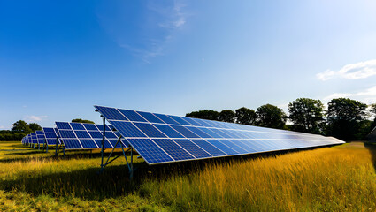 Vast Solar Panel Array in a Grassy Rural Field Under a Clear Blue Sky