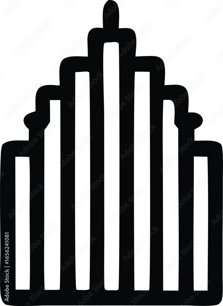Poster stylized black and white silhouette of a modern skyscraper building with multiple vertical sections 