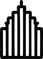 Stylized black and white silhouette of a modern skyscraper building with multiple vertical sections and a distinctive crown