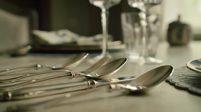 Silver Cutlery Set Arranged on a Table with Elegant Glassware in Background