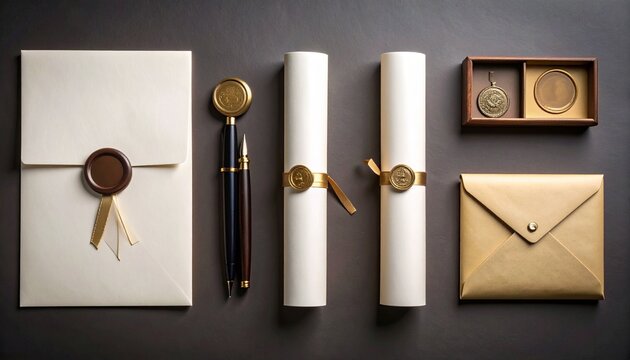 Elegant stationery set with wax seals, envelopes, and pens.