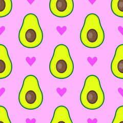 Summer romantic seamless avacado and hearts pattern on pink background