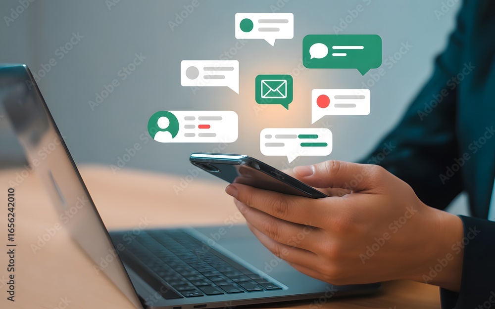 Aufkleber person using smartphone with various communication message icons messages chat