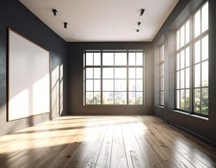 Obraz premium Bright and spacious room with large windows and a blank canvas on the wall.