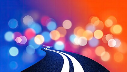 Winding road leading into a vibrant, blurred background of city lights