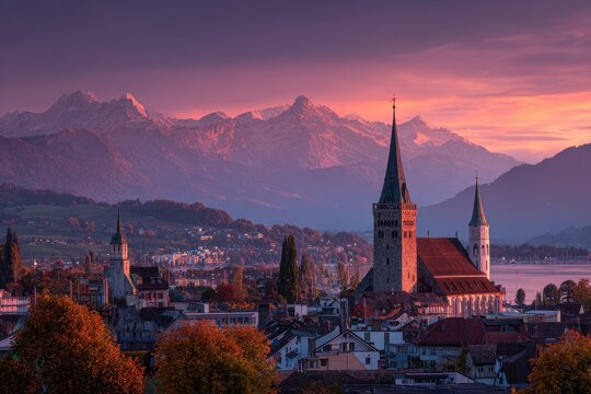 Zug, Switzerland. Autumn Sunset Cityscape Featuring Historic Buildings and Tower